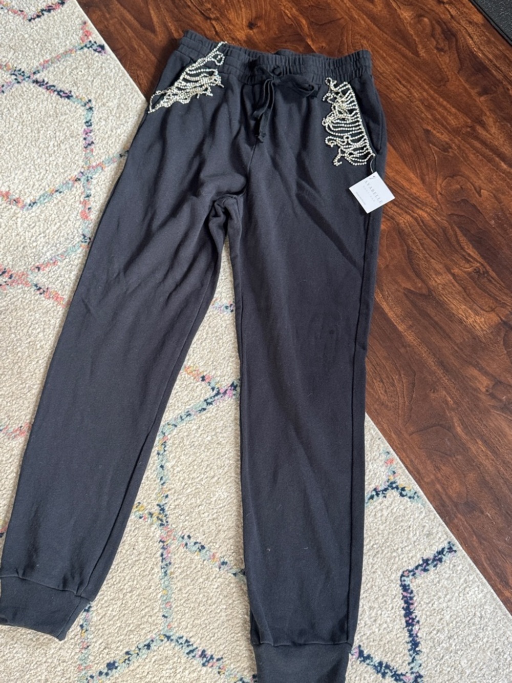 Black Jogger Sweatpants with Pearl-Embellished Pockets